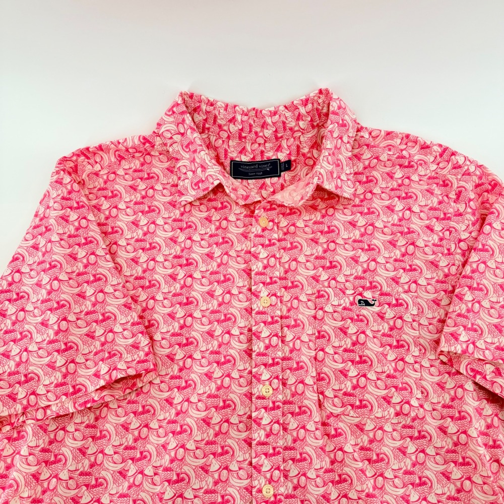 Vineyard Vines Tropical Fruit Print Short Sleeve Button Down Shirt L Pink